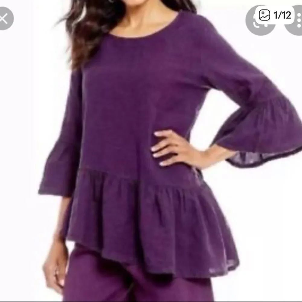 Bryn Walker Franci Asymmetrical Linen Gauzy Ruffle Top Blouse Purple
